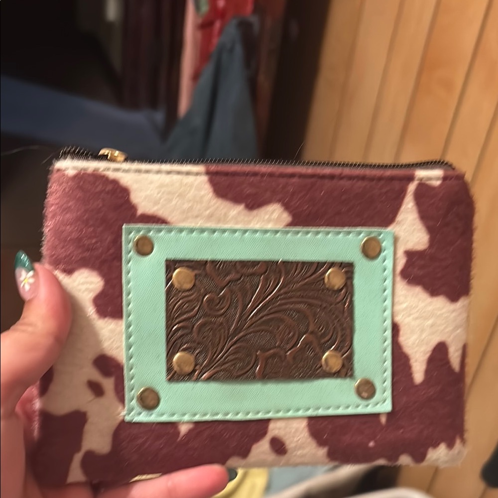 Cow Print Wallet with Turquoise Accent